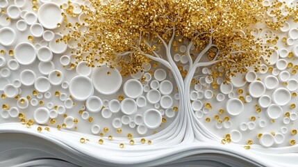 White and gold 3D tree mural wallpaper. Abstract design with golden leaves and white circles. Modern and elegant art. Decorative wall mural. Ideal for living rooms or interior design.