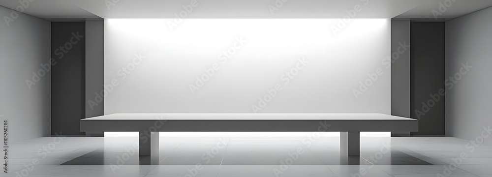 Poster 12. a minimalist conference room with a large table and an empty space on the wall behind for text