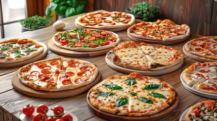 Fototapeta premium Assorted pizzas on wooden table for restaurant menu.
