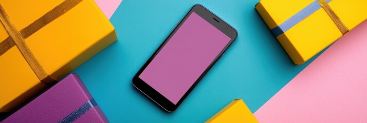 A smartphone lies on a colorful surface surrounded by vibrant gift boxes, suggesting a festive or celebratory theme.