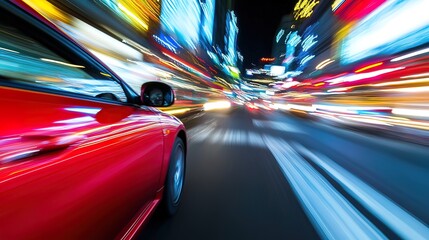 Obraz premium Red Car Speeding Through City Lights