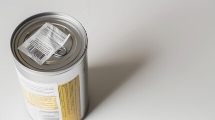 Close-up of unopened canned food with recall label on clean white background, slight tilt emphasizing label, copy space for text.