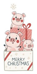 Obraz premium cute cartoon pig with gift box merry christmas background