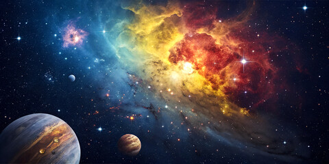 Obraz premium Celestial Symphony, The Enchanting Beauty of Colorful Nebulae and planets in Deep Space In the vast expanse of the universe lies one of nature’s most breathtaking phenomena