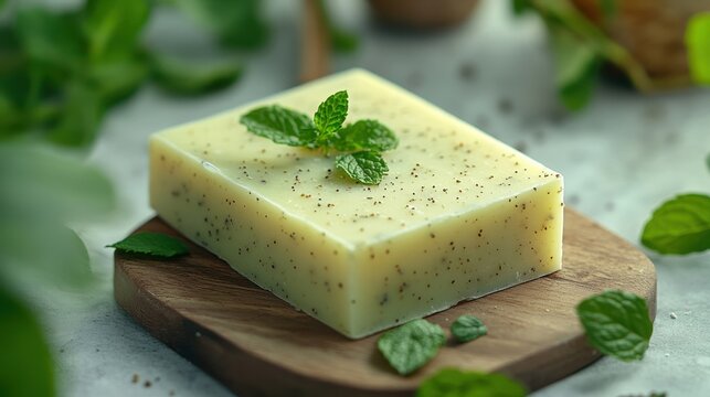 Refreshing Mint Exfoliating Soap Bar on Wooden Surface