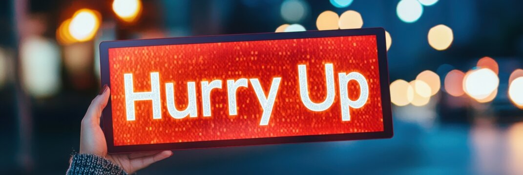 A hand holds a bright "Hurry Up" sign against a blurred urban backdrop at night, creating a sense of urgency and lively atmosphere. - Powered by Adobe