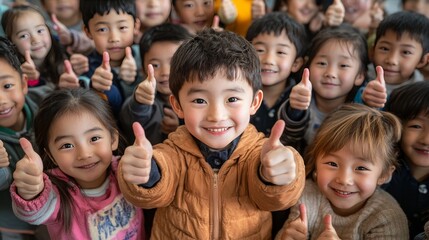 Group of Diverse Happy Children Smiling and Giving Thumbs Up, School Portrait Concept