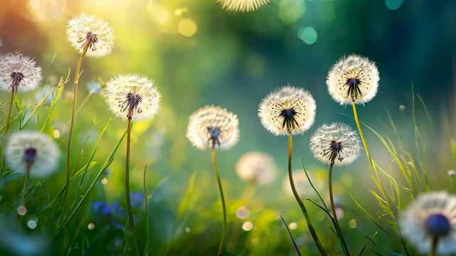 Dandelions release their seeds into the wind, a dance of nature's cycles and growth. The ethereal float of seeds through air brings life to the cycle of renewal. World environmental education day.