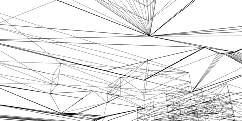 Abstract vector architectural composition with a cooling tower in lines for presentations of printing and paperwork. Black linear drawing text on a white background.