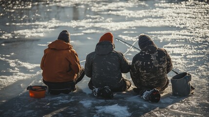 Ice Fishing in Late Winter: anglers patiently waiting for a catch amidst a frozen lake