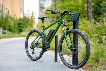 Fototapeta premium Environmental consideration concept, A green electric bike is parked on a pathway surrounded by greenery, showcasing a blend of nature and modern transportation.