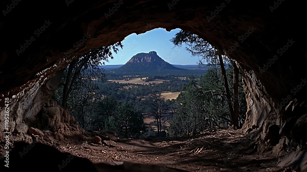 Poster looking out from a dimly lit cave, a distant mountain commands the horizon.