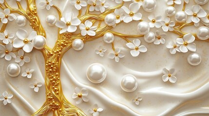 Luxury 3D wallpaper design shows golden tree branches with white pearls, flowers. Soft flowing white fabric texture with subtle gold details forms backdrop. Elegant, sophisticated wall decor for