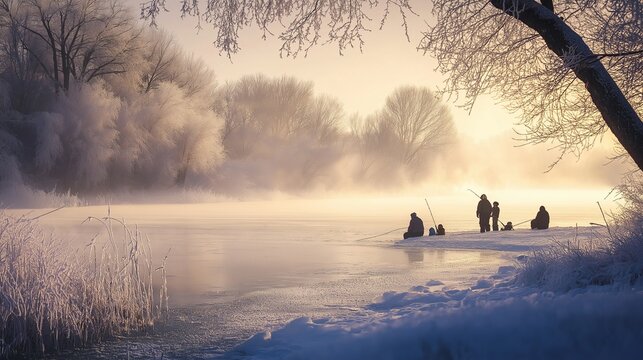 Ice Fishing in Late Winter: anglers patiently waiting for a catch amidst a frozen lake