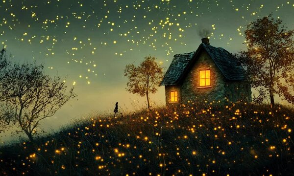 A serene night scene featuring a cozy house illuminated by warm lights, surrounded by glowing fireflies.