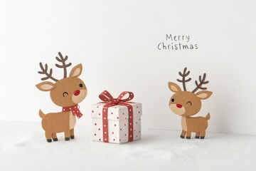 Naklejka premium cute cartoon reindeer with gift box merry christmas background