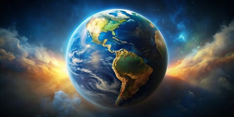 Obraz premium A Stunning View of Planet Earth from Space, Showing the Americas Bathed in Golden Sunlight