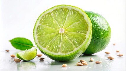 A vibrant lime, halved and revealing its juicy, acidic interior, rests alongside a whole lime and scattered seeds, creating a refreshing and zesty image.