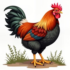 Fototapeta premium Colorful rooster stands on ground covered with short grass. Rooster vibrant red, orange feathers on body, head. Tail feathers deep green, black. Legs yellow. Rooster domestic farm animal. Image