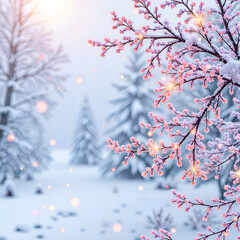 Soft pink blooms amidst a winter wonderland with snowy pine trees, digital art of nature concept.