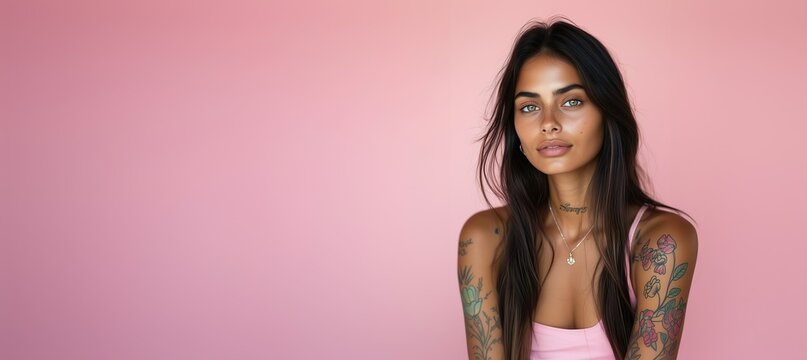 Portrait of a very beautiful, sexy, tanned and tattooed indian girl with long brown hair, standing isolated on pink background in a studio.