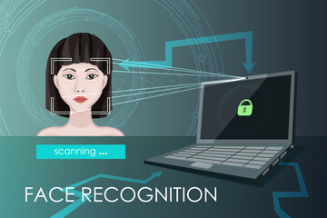 Face recognition. Smart Phone Security System scanning woman face user. Facial scan to protect data from hackers.  Biometric Identification Concept. Technology Vector Illustration