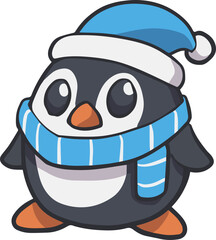 cute cartoon penguin wearing blue scarf and beanie hat