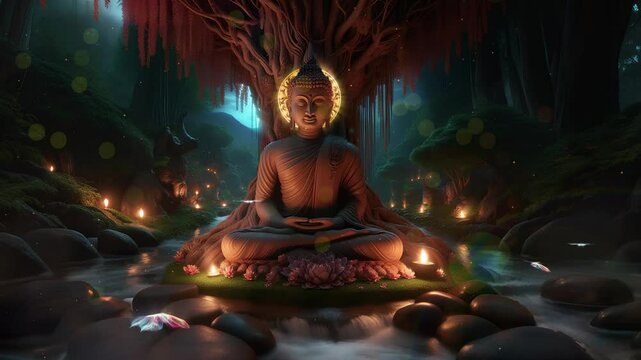 buddha statue under tree at night, glowing mandala, butterflies, nature forest, candles, lights, flowers, lotus, dream