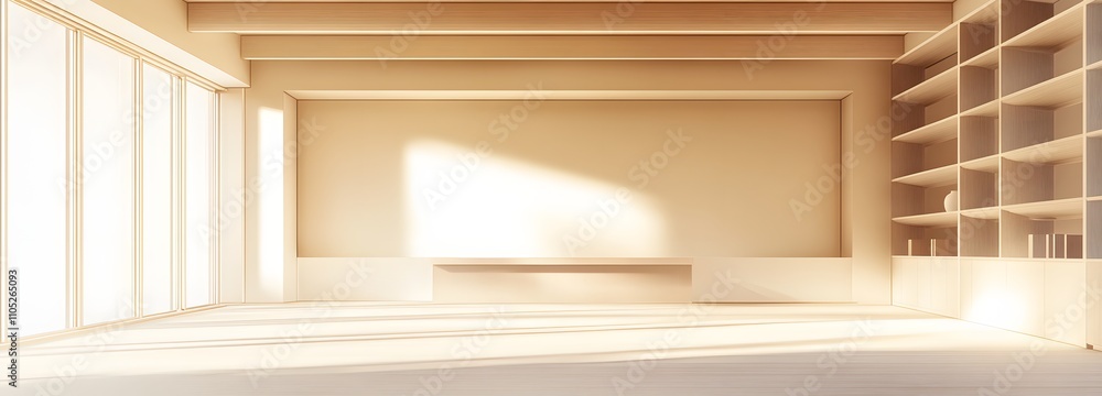 Poster 1. a spacious, minimalist office desk with a neutral color palette and wide open space in the middle