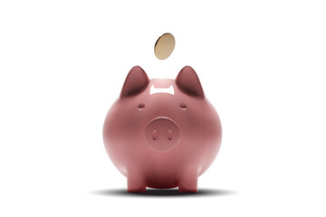 Gold coins fly around the piggy bank. Isolated on white background. New Year Symbol of profit and growth. Realistic vector object for advertising sale. Green profit arrow goes up