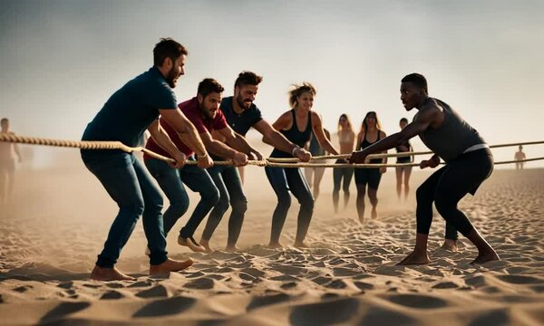 Group of people playing tug-of-war.