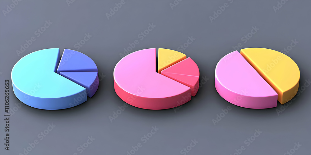 Poster 3d pastel pie charts illustrating data segmentation, vividly displaying proportional parts on a gray