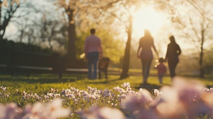 Strolls in Spring Park: families and friends walking through a park