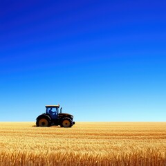Obraz premium A tractor is positioned in a vast golden wheat field under a clear blue sky, illustrating agricultural life and open landscapes.