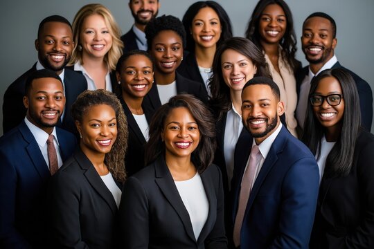 Diverse business team in formal attire smiles confidently. Teamwork, inclusivity represented. Pro people in business suits. Posing for photo. Modern business. Corporate culture. Diverse group of