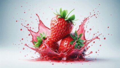 A vibrant, close-up shot of fresh strawberries with a dynamic splash of juice on a pristine white background