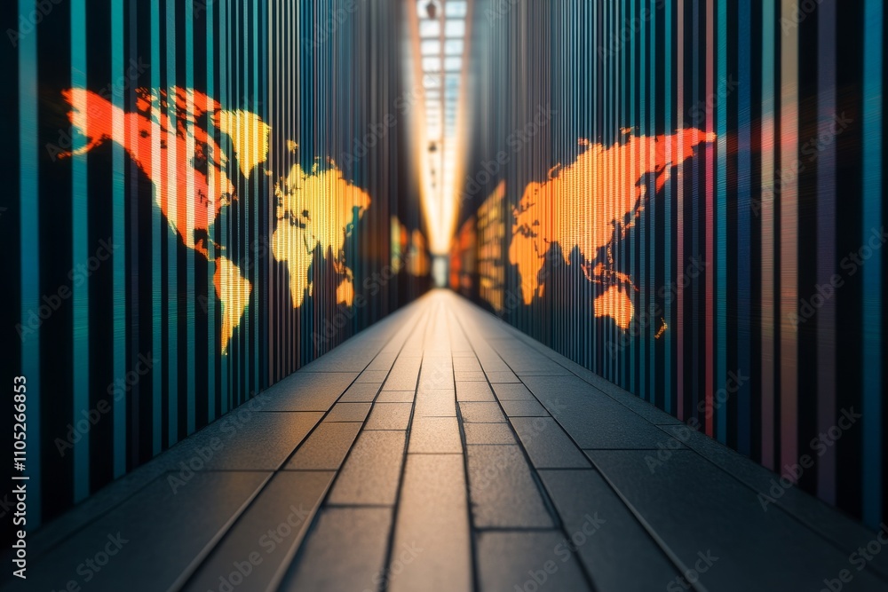 Poster digital corridor with world map projection
