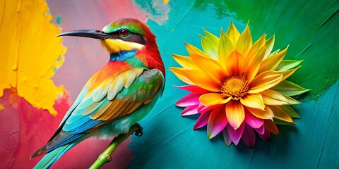 Obraz premium Vibrant Rainbow Bird Perched on Branch with Multicolored Flower Against Colorful Artistic Background