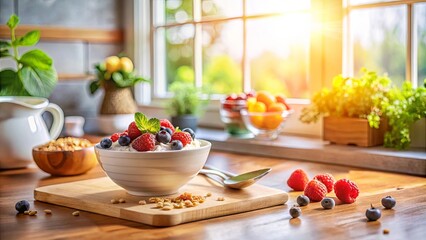 A sunlit kitchen scene featuring a bowl of creamy yogurt topped with fresh raspberries and blueberries, accompanied by granola and additional berries on a wooden cutting board