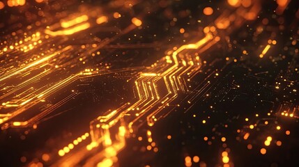 Fototapeta premium Abstract digital art depicting glowing circuit board pathways. Warm orange hues illuminate the intricate network.