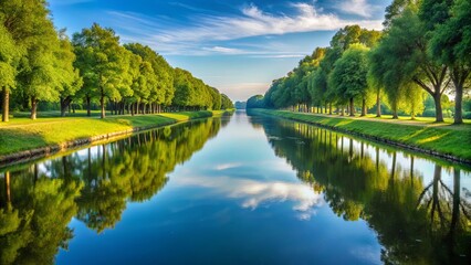 Fototapeta premium Serene Canal Scene Lush Greenery Reflecting in Calm Waters under a Bright Sky