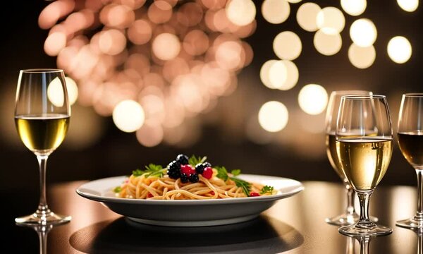 Special Dinner table with drinks and food and fireworks.