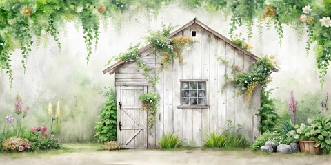 Rustic White Wooden Shed Overgrown with Lush Greenery and Blooming Flowers in a Serene Garden Setting