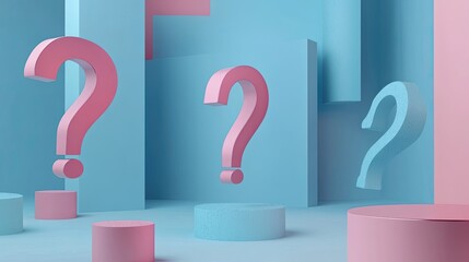 Pink and blue question marks float above pastel-colored platforms in this abstract 3D render.  A playful, curious mood is created by the soft colors and minimalist design.