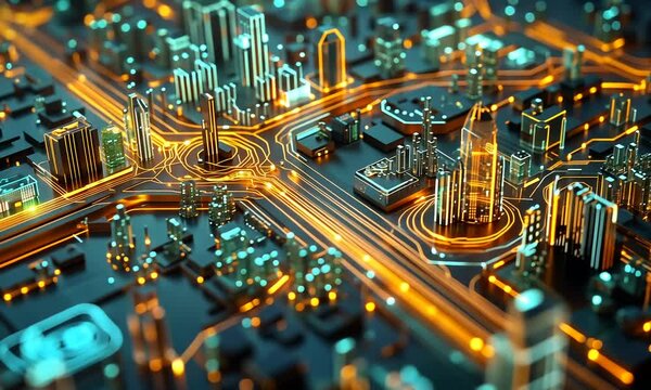 Futuristic Cityscape at Night with Autonomous Buses and Neon Road Markings