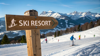 Ski resort sign with skiers on a snowy slope and mountains in the background for winter sports
