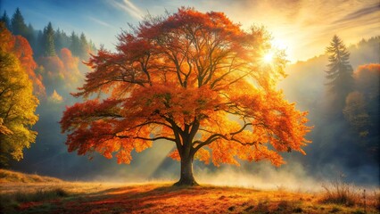 Autumnal Majesty A Solitary Tree Blazing with Fiery Orange and Gold Leaves in a Misty Morning Meadow
