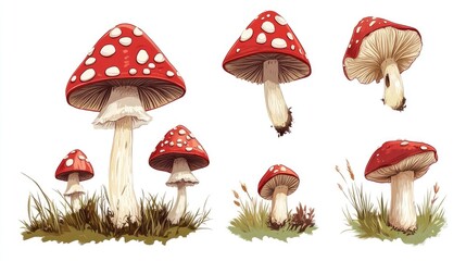 A whimsical collection of vibrant red and white mushrooms in various poses, set against a clean white background. These toadstools, some nestled in patches of grass.
