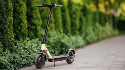 Environmental consideration concept, A sleek electric scooter parked on a pathway surrounded by lush greenery, ideal for urban commuting and outdoor exploration.
