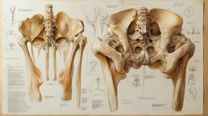 Detailed anatomical illustration of the human hip bone and surrounding musculature.  A vintage medical chart showcasing the skeletal structure.